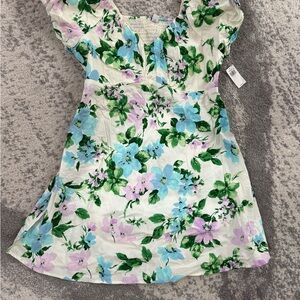 Floral Puff-Sleeve Dress in White with Pastel Blue & Lilac Flowers
